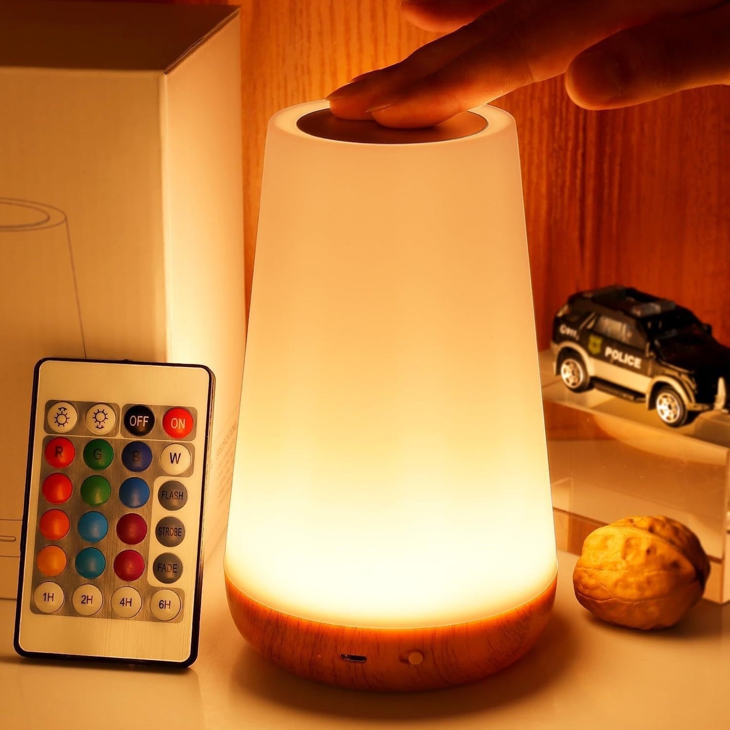 Wood Grain Touch Lamp with Remote Rechargeable LED Night Light